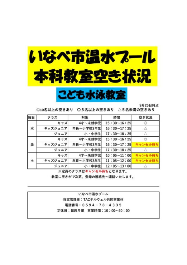 教室空き状況9月25日のサムネイル